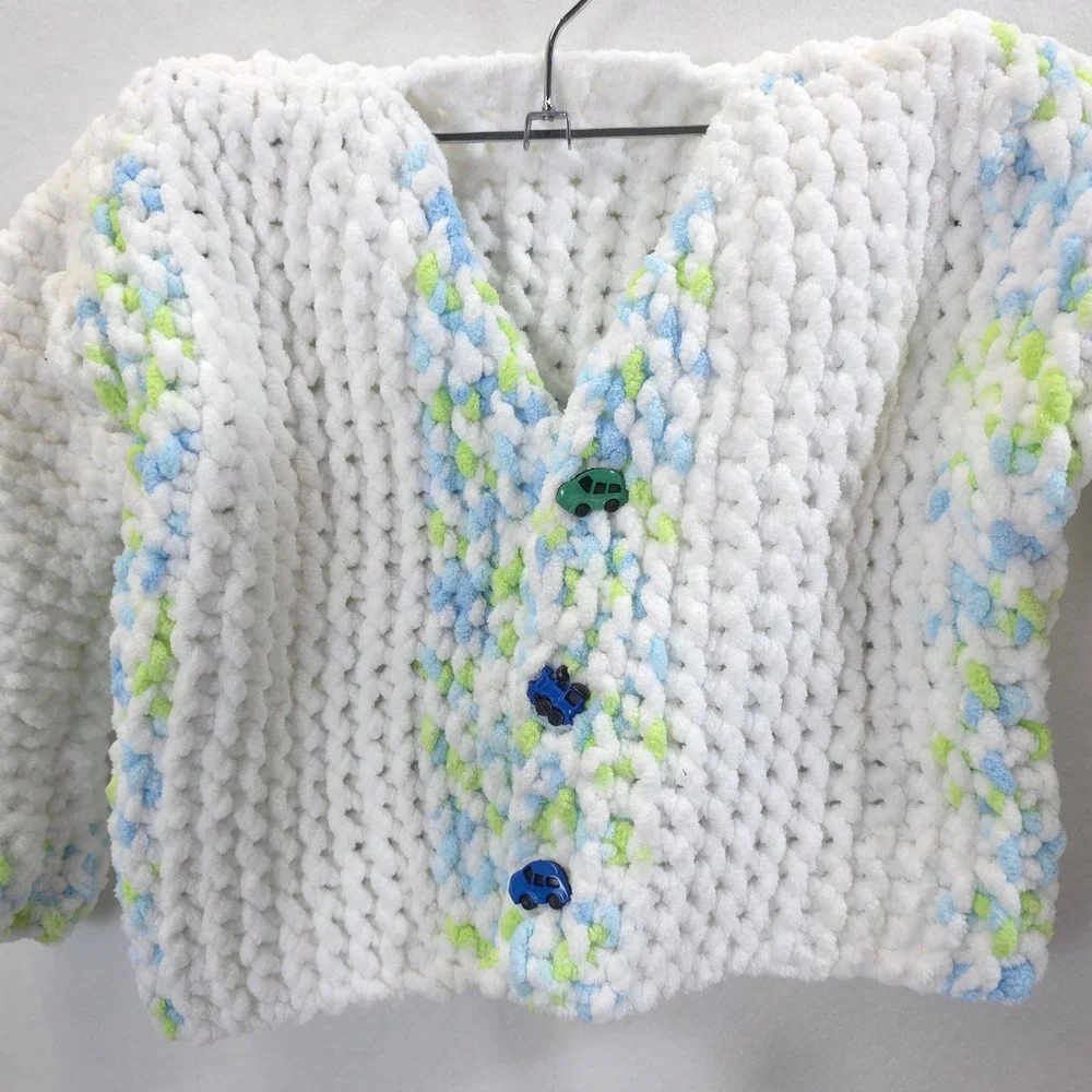 Handmade Cardigan Car Buttons White Blue Green Boys 2T-3T Cozy Knit Chenille